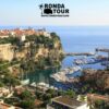 Vue sur le Rocher et le quartier Fontvieille de Monaco. Il y a un filigrame contenant le logo Ronda Tour et son a dresse web www.ronda-tour.com