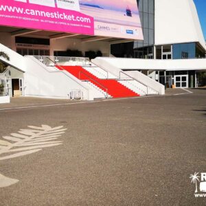 Tapis rouge sur les marches du palais des festivals de Cannes.. Palme d'or dessinée sur le parvis. Filigrane avec le logo de Ronda Tour et son adresse web www.ronda-tour.com sur la photo.