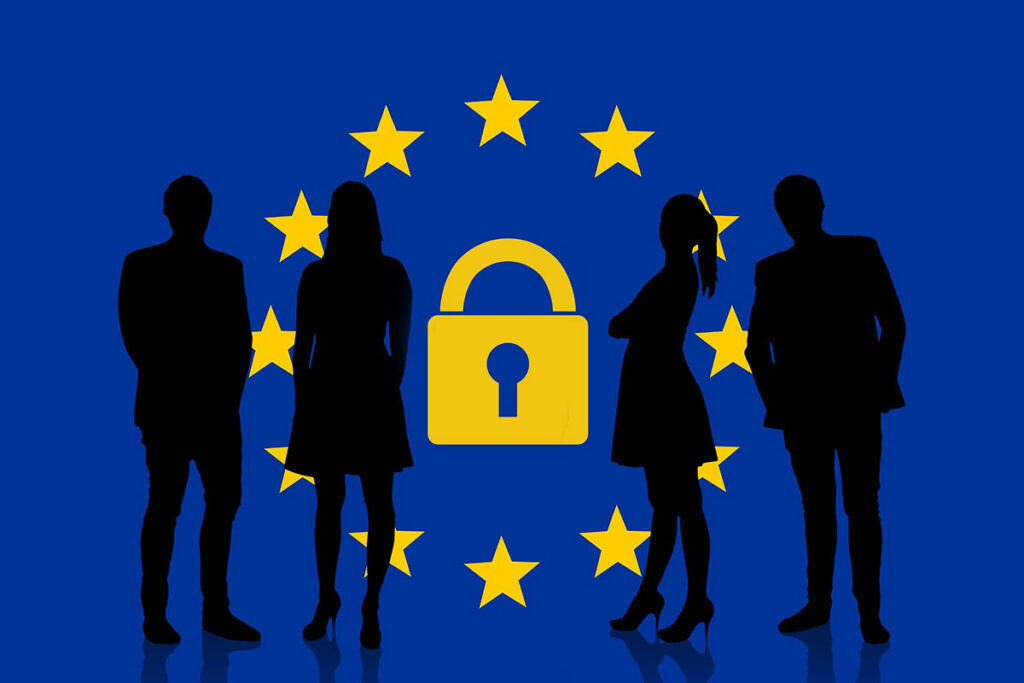 Une groupe d'humains dessinés autour d'un cadenas symbolisations le Protection des données personnelles en Europe.